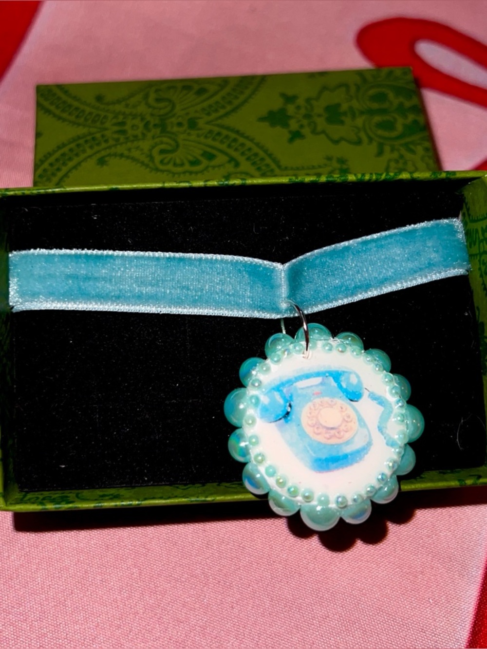 Blue Velvet Choker Necklace with Clay Telephone Pendant